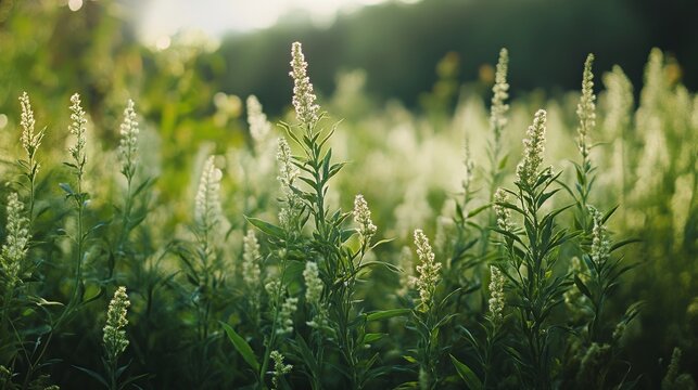 Blooming ragweed in a natural field, allergen
