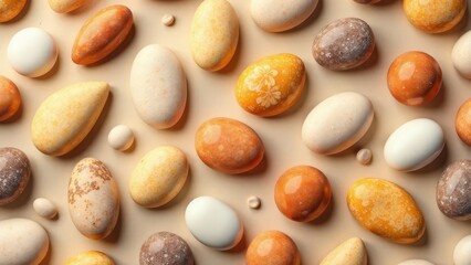 Obraz premium A Collection of Smooth, Speckled, and Decorated Ovoid Forms Arranged on a Pale Background