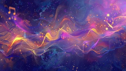 This vibrant abstract image features flowing swirls of purple, blue, and gold, creating a serene and dreamy atmosphere perfect for backgrounds or decorative use.