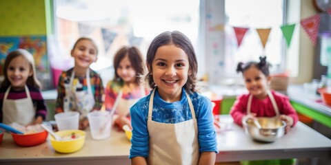 Happy children attending in domestic science class while wearing colorful apron. Attractive diverse elementary student looking at camera while learning about cooking in vibrant classroom. AIG51.