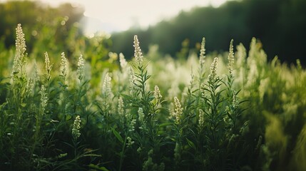 Blooming ragweed in a natural field, allergen