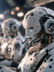 Fototapeta premium Humanoid robots wearing headset in futuristic call center working