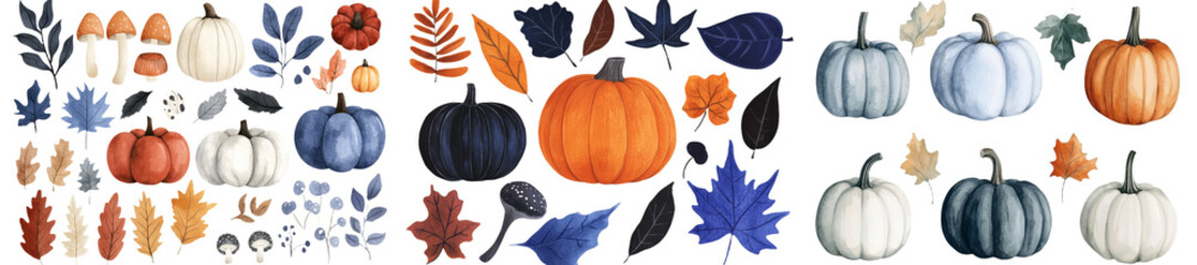 A vintage Fall botanical clipart set, hand-painted with watercolor elements, including a pumpkin, flowers, and tree leaves