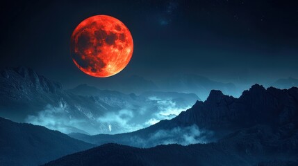 Blood Moon Over Majestic Mountains: A Nighttime Landscape