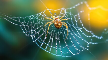 A detailed view of a spider and its glistening web