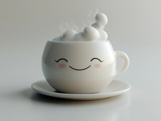 Whimsical 3D Teacup with Smiling Face and Steam Rising from Clouds