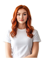 Fototapeta premium Young Redhead Woman in White T-Shirt – Isolated Portrait on White