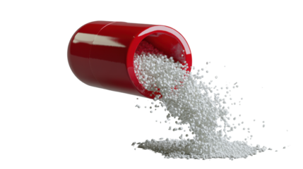 Red pill spilling contents on transparent background, medical treatment concept