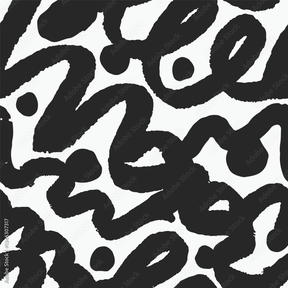 Poster Abstract seamless pattern with freehand brushstroke curves. Endless doodle design with irregular bending lines, squiggles, curls. Repeating print, texture, background. Flat vector illustration