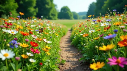 A Serene Path Through a Vibrant Wildflower Meadow, Adorned with a Delicate Butterfly