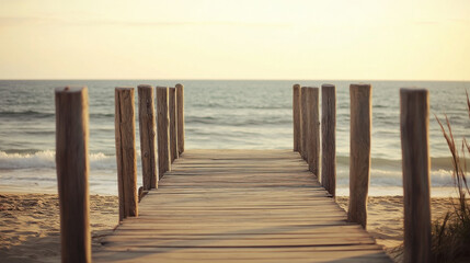 Obraz premium Sun-Kissed Wooden Pier Over Calm Seas, Inviting Tranquility and Eternal Serenity