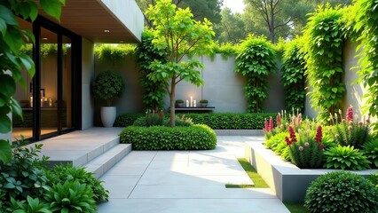 Fototapeta premium Tranquil Modern Courtyard Garden Design Featuring Lush Greenery and Subtle Lighting Accents