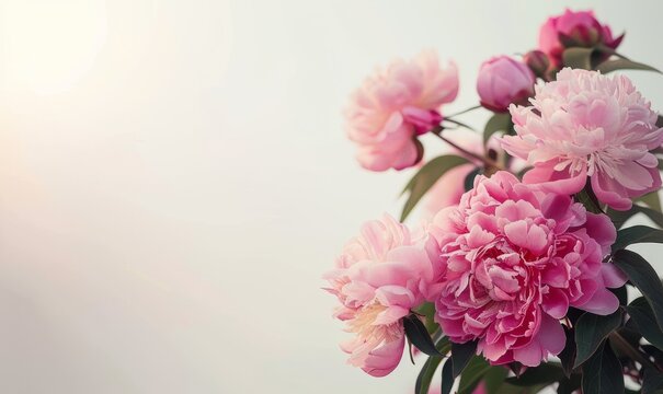 white background , pink peons on the edges of the photo , golden hours