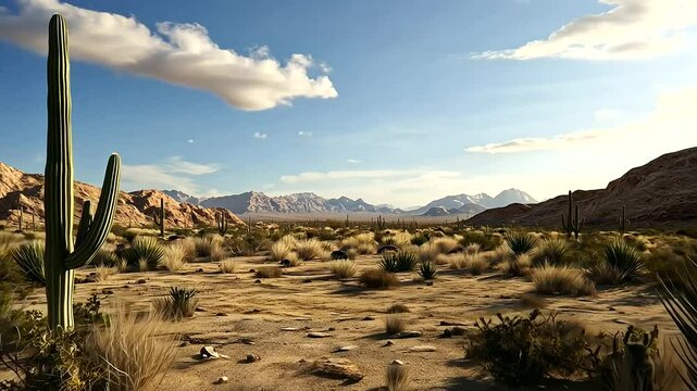 Desert landscape with cacti reptiles and small mammals