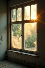 Fototapeta premium Golden Hour Dust Motes Illuminate a Forgotten Room's Aged Window Pane, Casting a Warm Glow on the Interior's Weathered Walls