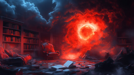 Dark, mysterious library filled with chaos presents a glowing red portal amidst scattered books and abandoned chairs, invoking a sense of wonder and danger