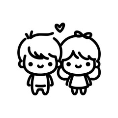 Obraz premium Outline vector illustration of a cute boy and girl in love on a transparent background