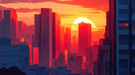 Fototapeta premium A cityscape of buildings bathed in the beautiful sunset colors