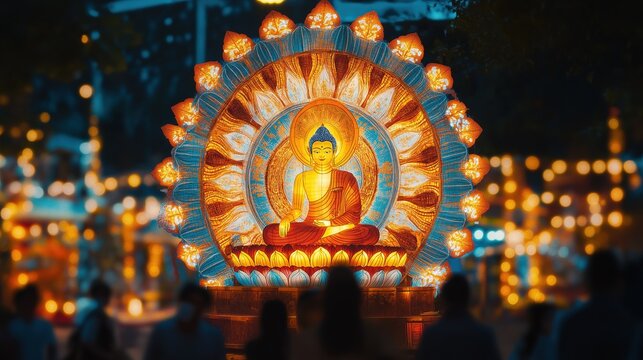 A giant Vesak pandal illuminated with intricate lights, depicting a serene Buddha figure surrounded by glowing lotus petals. The image represents spiritual celebration and Buddhist cultural traditions