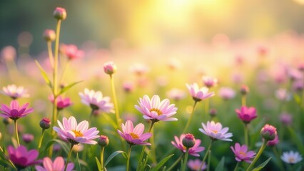 A Field of Delicate Pink Flowers Bathed in Golden Sunlight, a Serene and Peaceful Spring Meadow Scene