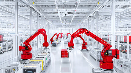 Automated Manufacturing Facility with Red Robots