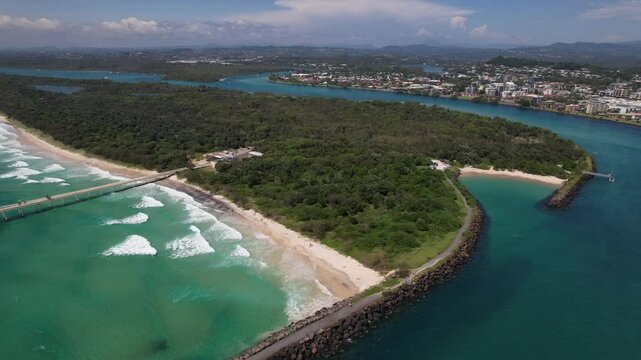 Tweed River, Tweed Sand By Pass, Letitia Beach, Marlos Beach And Seawalls In Gold Coast, Austrsalia. - aerial shot