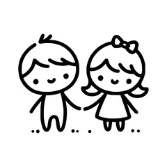 Obraz premium Outline vector illustration of a cute boy and girl holding hands on a transparent background