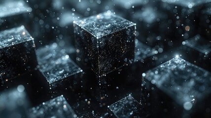 Abstract digital floating blocks with black and colorful lights. Digital artwork of 3D rendering geographic shape with glowing light and vibrant colors. Futuristic city and technology concept. AIG53.