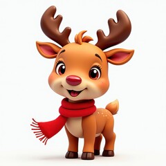 Cheerful RedScarfed Reindeer Animated on White Background. A 3D rendered reindeer wearing a red scarf.