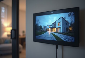 Fototapeta premium Modern Two Story House at Dusk Viewed Through Modern Security System TV