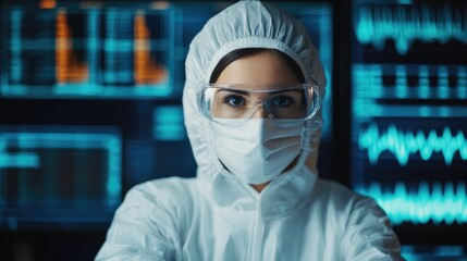 Technician in protective gear processing cancer cell samples in a highly advanced research laboratory utilizing state of the art equipment and technology for scientific analysis data collection