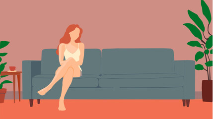 Woman in comfortable clothing sitting on a sofa in the living room of her cozy home. Vector illustration.