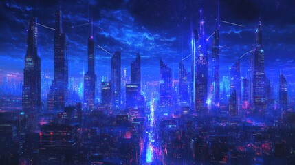 Obraz premium Futuristic city skyline at night, vibrant neon lights, cityscape, aerial view, stock photo