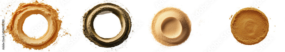 Poster on a white background, a pile of powdered white pepper and a framed peppercorn spice are arranged, w