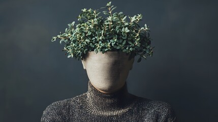 Woman with a green plant creatively arranged on her head in a nature-inspired artistic portrait full of life