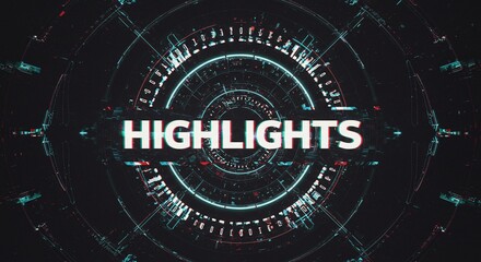   Spotlight on the highlights: A dynamic digital design showcasing the word "HIGHLIGHTS" surrounded by futuristic concentric circles and glitch effects, conveying innovation and energy.