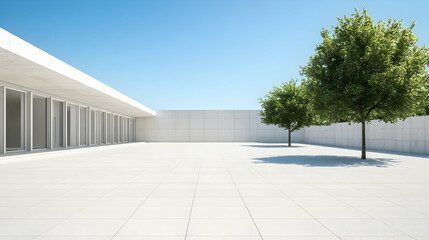 Modern White Architecture Courtyard With Trees
