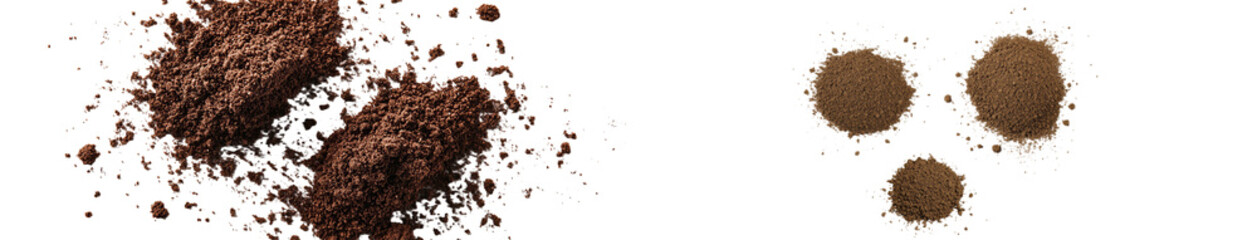 On a white surface, a macro top view shows a small pile of ground peppercorns alongside some minced black pepper, isolated from any other objects