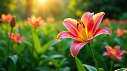 Naklejka premium A vibrant pink lily basks in the warm glow of the setting sun, its petals delicately illuminated, surrounded by a field of blooming companions in a tranquil garden setting.