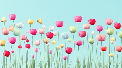 Colorful Tulips Field with Spring Flowers, and Blue Sky Background.