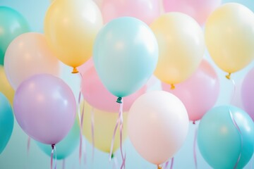 Colorful pastel balloons floating against a light blue background.