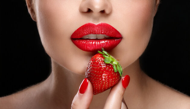 Unos labios rojos y sensuales de mujer con una fresa roja madura junto a la boca