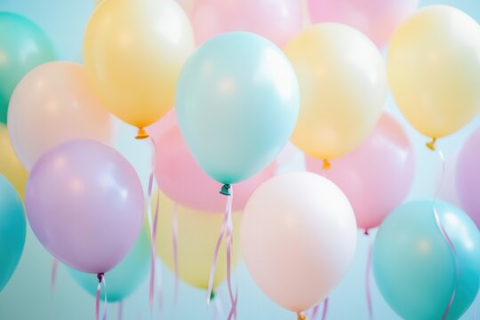 Colorful pastel balloons floating against a light blue background.