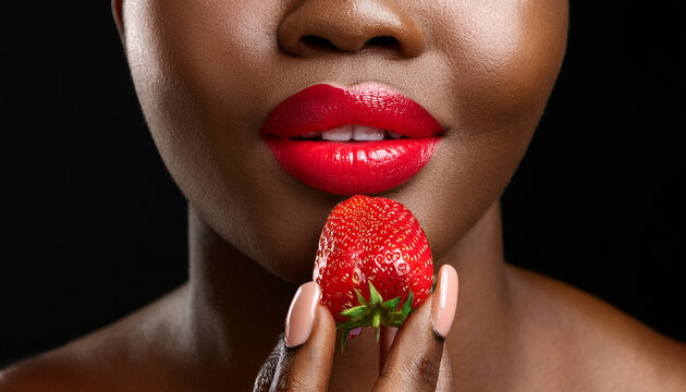Unos labios rojos y sensuales de mujer negra con una fresa roja madura junto a la boca