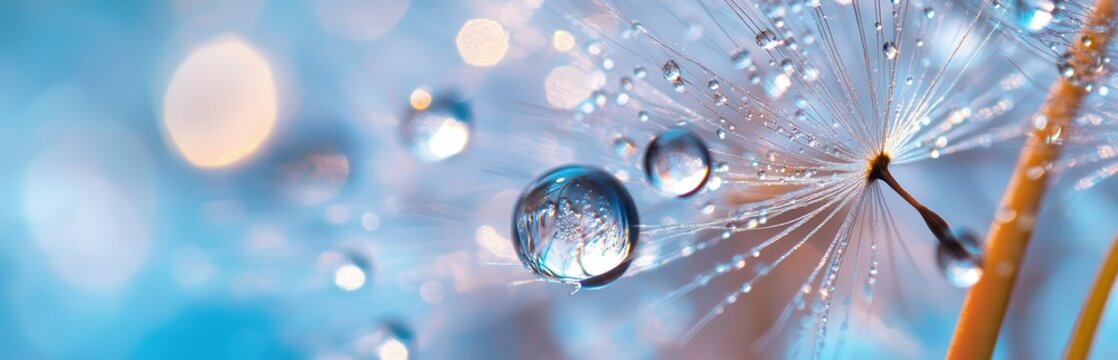 Close-up of water droplets on a dandelion seed in soft focus. - Powered by Adobe