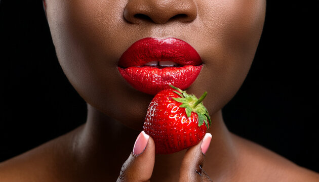 Unos labios rojos y sensuales de mujer negra con una fresa roja madura junto a la boca