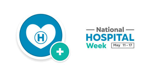 May is National Hospital Week. Heart, letter H and plus icon. Great for posters, banners, social media and more. White background.