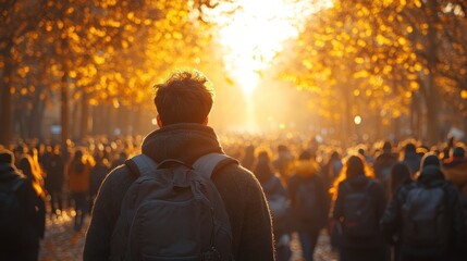 Man with backpack walking away from large crowd toward bright autumn sunset.