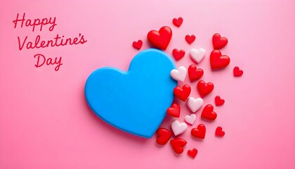 A vibrant and playful Valentine's Day-themed composition featuring a bold blue heart resting on a soft pink background.Surrounding the blue heart are scattered red and white 3D hearts,sense of warmth.