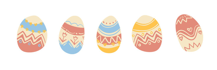 five Easter eggs in pastel shades of pink, blue, and yellow with zigzag, heart, and floral designs on White background , perfect for holiday crafts.